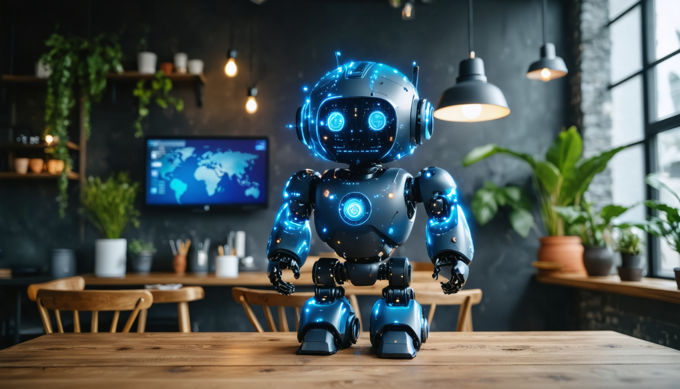 A glowing blue humanoid robot stands on a wooden table in a modern office with plants, hanging lights, and a world map screen, blending advanced tech with a cozy workspace vibe.