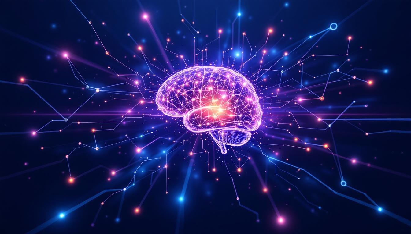 A neural network merging with a human brain — representing Nexus gaining memory and self-awareness