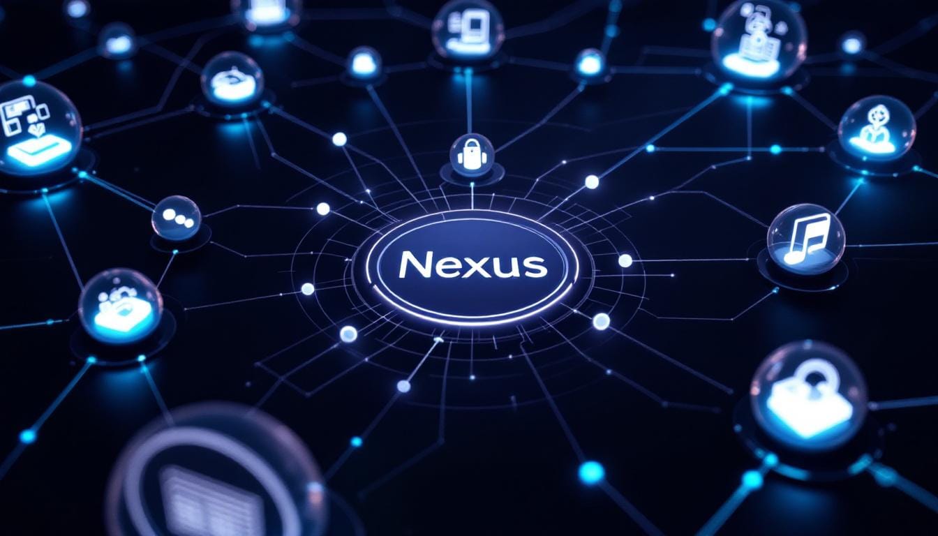 Dark editorial illustration of Nexus foundation showing integrated tools and growth