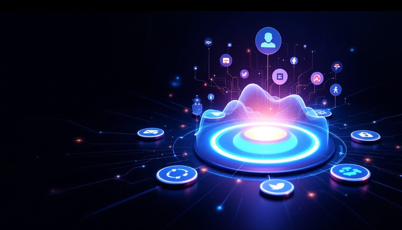 A sleek, modern representation of a business operating system connecting tools like Slack, HubSpot, and Asana, harmonized within a glowing hub.