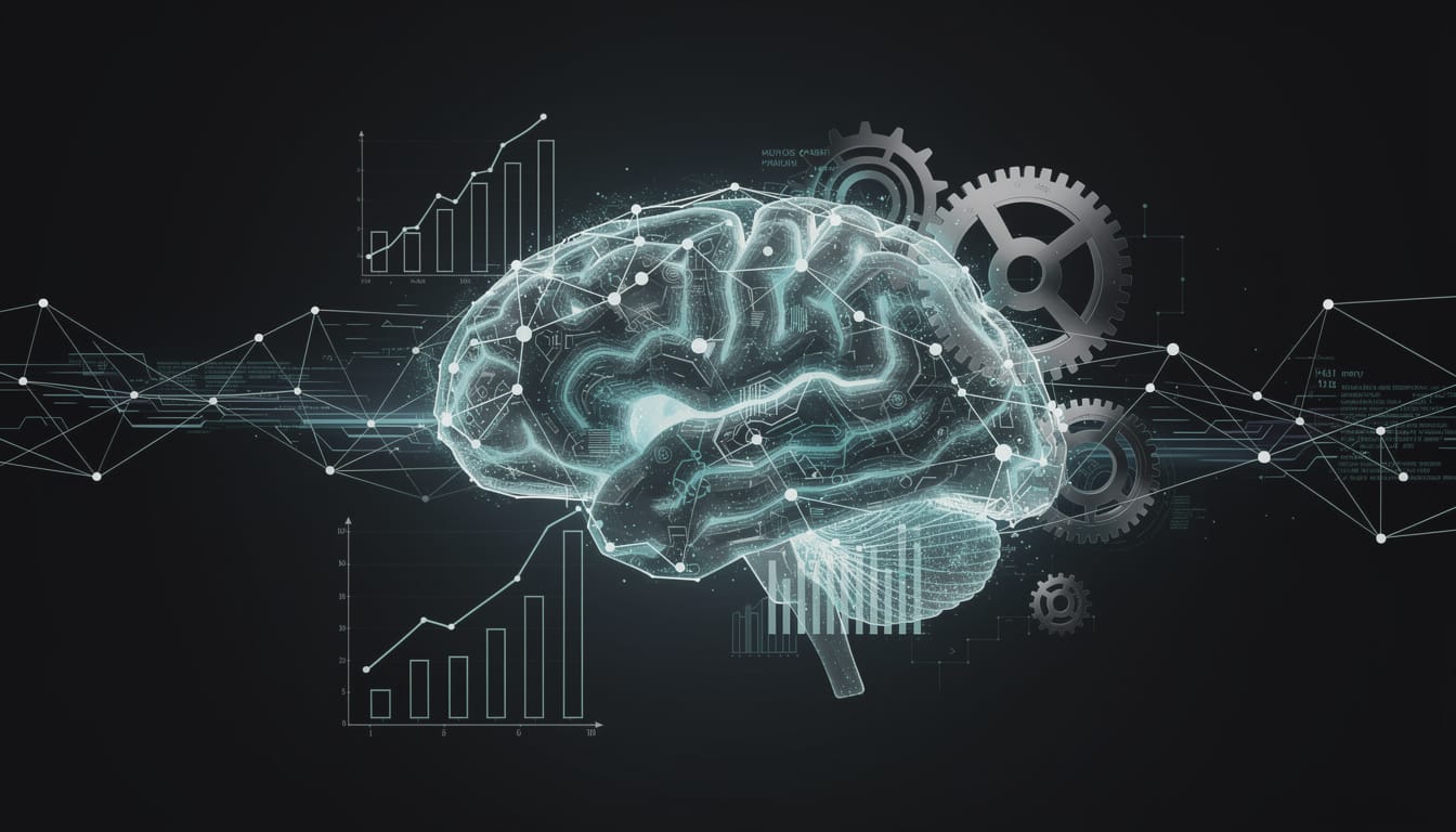 Stylized representation of AI memory systems integrated with business elements