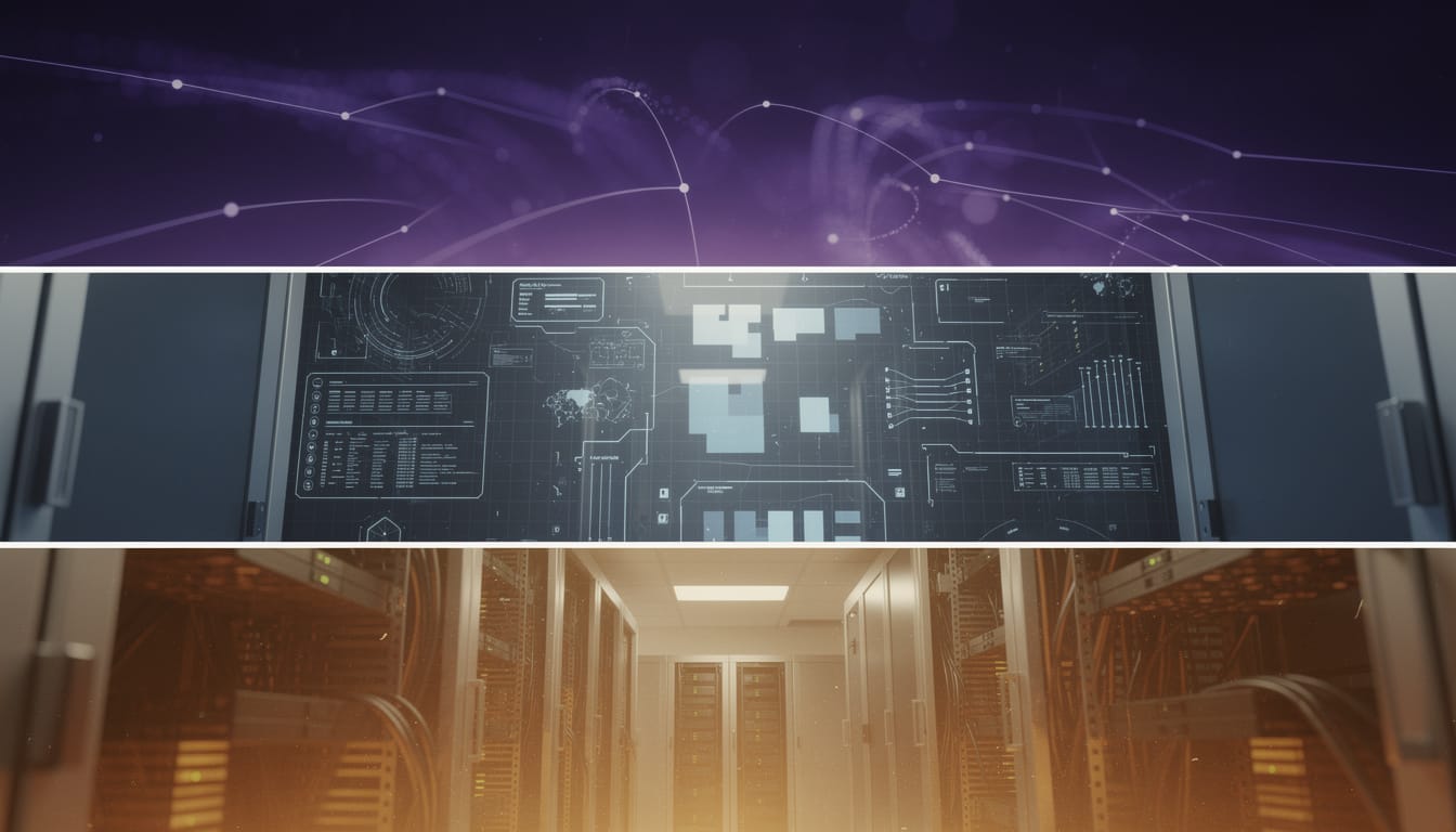 Three-band editorial image: amber server infrastructure (Catalyst), blue digital platform (Pulse), violet autonomous network (Nexus) — the Marcoby evolution