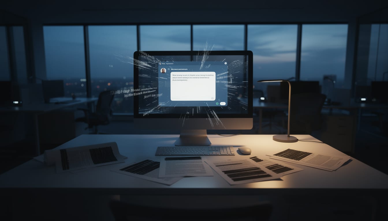 Dimly lit office with AI chat window pulling in sensitive data