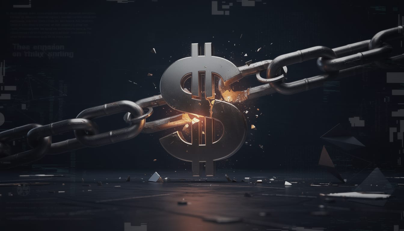Dark editorial illustration of a broken chain link morphing into a dollar sign against a moody navy background — representing domain expiration risk for business owners