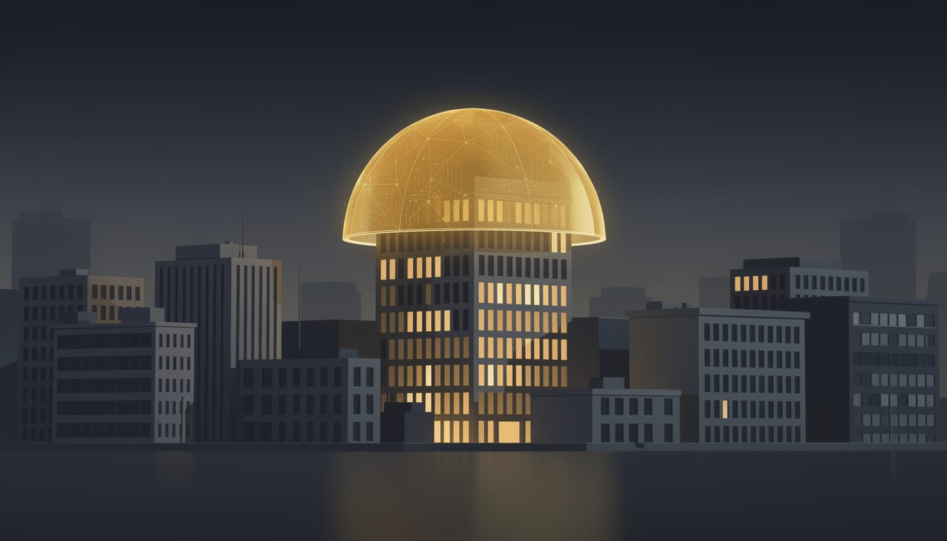 A glowing golden shield protecting a business building while others remain exposed — representing Microsoft 365 Business Premium's integrated security advantage over standalone tools
