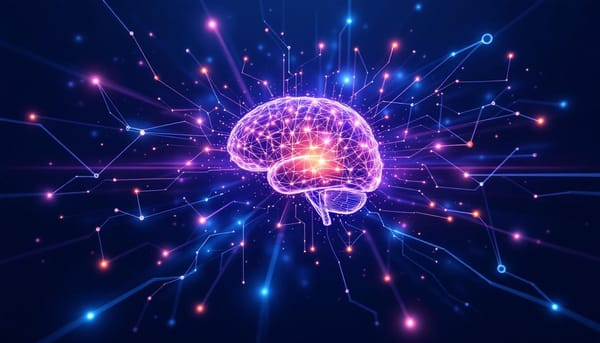 A neural network merging with a human brain — representing Nexus gaining memory and self-awareness