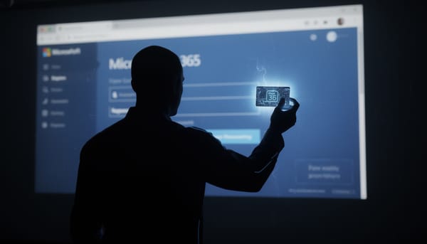 Dark editorial image of a shadowy figure holding a glowing digital token in front of a Microsoft 365 login screen, representing the Kali365 token-theft threat
