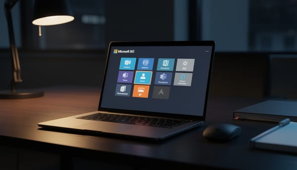 Dark editorial desk at night with a laptop showing Microsoft 365 apps — half bright, half dimmed — symbolizing untapped features waiting to be discovered