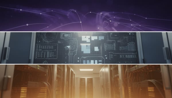 Three-band editorial image: amber server infrastructure (Catalyst), blue digital platform (Pulse), violet autonomous network (Nexus) — the Marcoby evolution