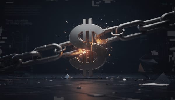 Dark editorial illustration of a broken chain link morphing into a dollar sign against a moody navy background — representing domain expiration risk for business owners