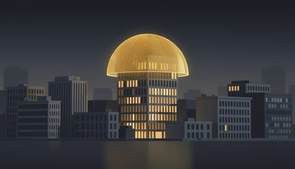 A glowing golden shield protecting a business building while others remain exposed — representing Microsoft 365 Business Premium's integrated security advantage over standalone tools